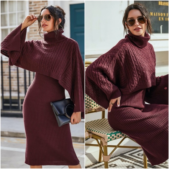 Dresses & Skirts - turtleneck ribbed classic knit sweater dress wine